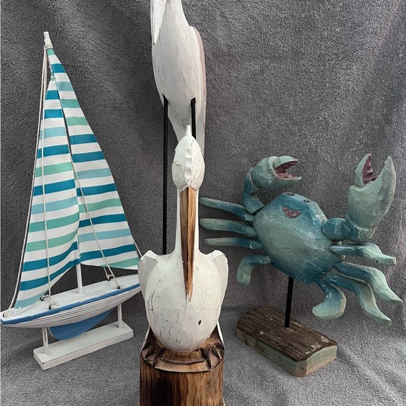 Nautical Decor Set with Pelican Egret Bird Sailboat and Crab